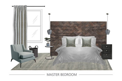 This is an example of a medium sized classic master bedroom in London with grey walls, carpet and blue floors.