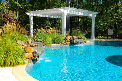 Mid-sized transitional backyard concrete and custom-shaped pool fountain photo in Other