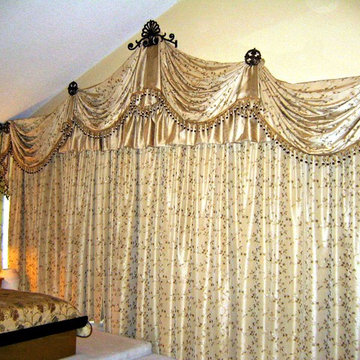 Traditional swags, cascades, trumpets, valance draperies in neutral colors