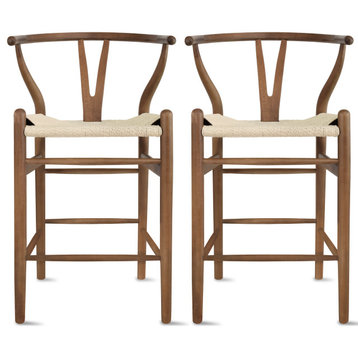 Set of 2 Wishbone Wood Elbow Barstool with Y Back, Woven Beige Seat, Espresso