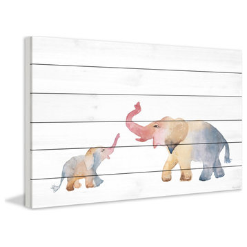 "Elephant Playtime" Painting Print on White Wood, 45x30