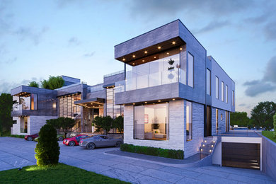 Photo of an expansive modern three-storey grey house exterior in Los Angeles with stone veneer, a flat roof, a green roof and a grey roof.