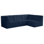 Meridian Furniture - Relax Velvet Upholstered 4-Piece L-Shaped Modular Sectional, Navy - Bolster a contemporary vibe in your living room with this Relax navy modular sectional. Soft navy velvet upholstery offers delicate comfort, making this sectional cozy for anyone who sits in it. Biscuit tufting gives this sectional texture and a modern style, adding extra comfort and elegance to your living space. It's modular design allows you to create infinite configurations, making it a versatile piece to add to your home. A latch underneath the sectional makes it easy to attach to other pieces.