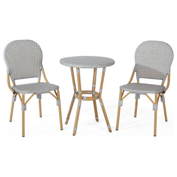 Gallia Outdoor Aluminum French Bistro Set, Gray and Bamboo Finish
