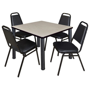 Kee 42" Square Breakroom Table, Maple, Black, 4 Restaurant Stack Chairs, Black