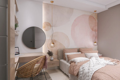 Ejemplo de dormitorio escandinavo pequeño con paredes grises