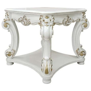 Traditional End Table, Ornate Scrolled Legs With Scalloped Top, Antique Pearl