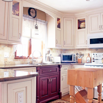Cream & Red Traditional Kitchen with Peninsula