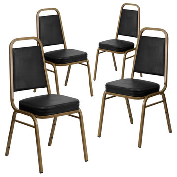 Set of 4 Dining Chairs, Metal Frame With Vinyl Upholstered Seat, Black/Gold