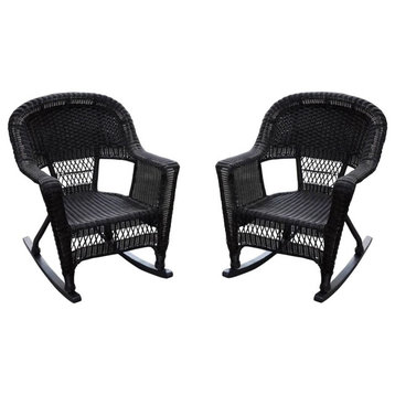 Set of 2 Outdoor Rocking Chair, Resin Wicker Covered Frame & Open Back, Espresso
