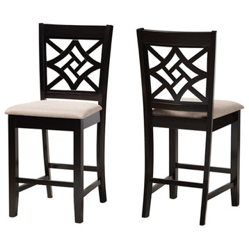 Isidro Contemporary Sand Fabric and Dark Brown Wood 2-Piece Counter Stool Set