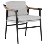 Sunpan - Meadow Dining Armchair - Functional with a timeless design, this mid-century style dining armchair offers a clean silhouette that will suit any space. Stocked in vault fog fabric with solid oak wood armrests. Completed with a black iron frame. Also available in a counter stool and lounge chair version. Performance fabric is moisture repellent, durable and easy to clean. As wood is an organic, porous material, these pieces will contain natural variations of texture and may also exhibit fine indentations and cracks. Wood pieces will also display a disparity of colour and grain, and visible knots and burls that add to the character of each piece.