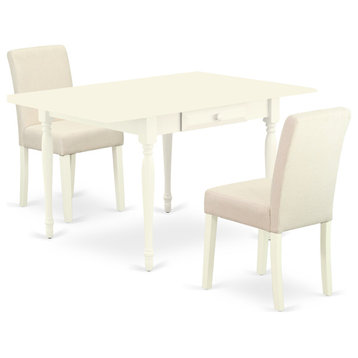 3Pc Dining Set, Wood Table, 2 Upholstered Chairs, Drop Leaf Table, Linen White