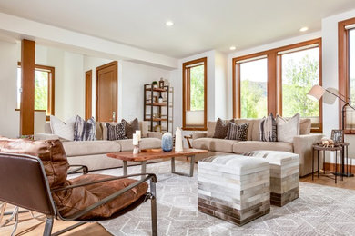 Inspiration for a large transitional open concept medium tone wood floor living room remodel in Other with white walls