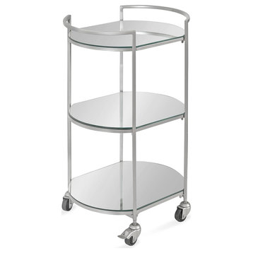 Modern Bar Cart, Glam Curved Design With Silver Metal Frame & Mirrored Shelves