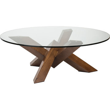 Costa Round Glass Coffee Table, Modern Contemporary Wooden Coffee Table, Walnut