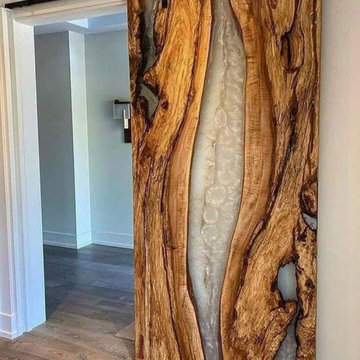 Custom Epoxy Wooden Barn Door – Live Edge Wood & Resin Sliding Door for Modern R