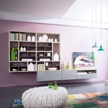 Kensho wall mounted TV media unit with bookcase by Mobilstella