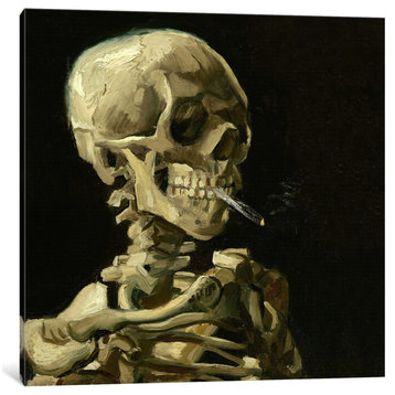 "Head Of A Skeleton With A Burning Cigarette" Wrapped Canvas  Print, 26x26x1.5