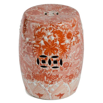 Orange and White Dragon Theme Porcelain Garden Stool, 17"