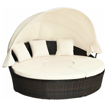 Costway Daybed Patio Sofa Furniture Round Retractable Canopy Wicker Outdoor