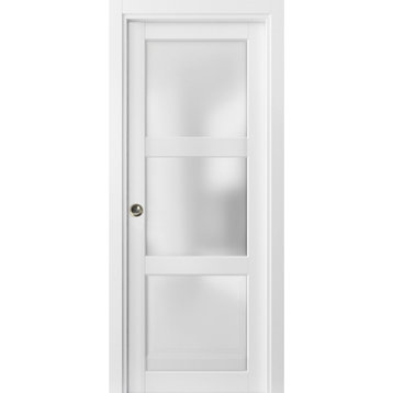 French Pocket Door 30x80 Frosted Glass 3 Lites | Lucia 2552 Matte White