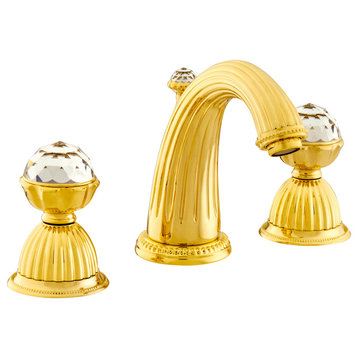 Artica Gold widespread bathroom sink faucet with Swarovski crystals. Luxury taps