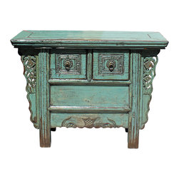 Chinese Vintage 2 Drawers Carving Distressed Gray Blue Side Table Cabinet - Bathroom Vanities And Sink Consoles