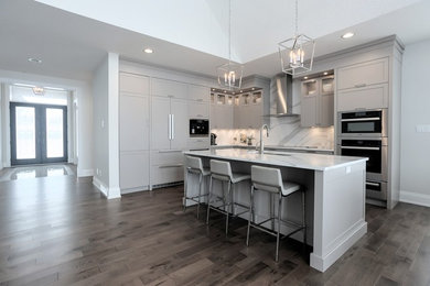 Example of a minimalist kitchen design in Other with quartzite countertops, multicolored backsplash and white countertops