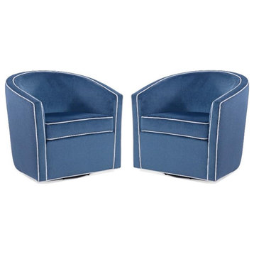 Home Square Velvet Barrel Swivel Chair in Blue and Cream - Set of 2