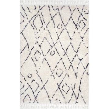 Geometric Moroccan Shag Diamond Tassel Area Rug, Off White, 3'x5' Oval