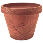 PSW Pots - Dragonfly Pot, Terra-Cotta - Showcase your favorite flowers and greenery in the charming Dragonfly Pot. Made from a mix of recycled polymer, stone powder, and wood dust, this ecofriendly orange pot is lightweight, weather-resistant, and durable. Its embossed dragonfly design gives it a fun, whimsical feel.