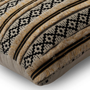 Black Beige Cotton 12"x14" Lumbar Cushion Cover Strip Woven Lace- Moroccan Dream