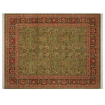 Bareens Designer Rugs - Pak Persian Minda Green/Aubergine Wool Rug - 8'1'' x 10'0'' - Designed with mesmerizing intricacy and gorgeous color palette, this hand-knotted masterpiece demonstrates the beauty and electrifying thrill of Pak Persian art. These meticulously hand-knotted Pak-Persian rug is made with pure wool and features breathtaking traditional, transitional, and tribal designs in bold luxurious color pallets. Known for their intricate designs these rugs are a reproduction of Persian rugs, made in Pakistan with unique Mughal designs. Made by master weavers using the same Persian texture, design and dying technique, we wanted to produce the most significant manifestation of Persian art, life, and culture. This rug is most famous for its exceptional quality, incredible designs, patterns, and vibrant rich color. Pak-Persian rugs made with Persian weave with high knot counts, which enables the high intricacy and detail found in the patterns are also referred to as "State of art", each color adds a rich beautiful detail in the artwork of this rug. The design, color, and beautiful chromatic composition with a vibrant sheen with intricate designs, exude beauty, elegance, and quality make this rug a masterpiece of its own.