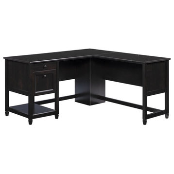 Pemberly Row Contemporary Engineered Wood L-Shaped Desk in Estate Black