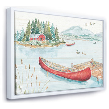 Designart Lake House Canoes Ii Lake House Framed Painting Print, White, 40x30