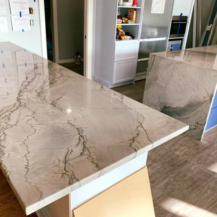 Einzeilige, Geräumige Moderne Küche mit Vorratsschrank, Triple-Waschtisch, Quarzwerkstein-Arbeitsplatte und zwei Kücheninseln in Tampa