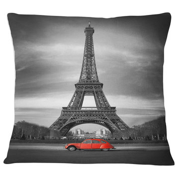 Eiffel and Old Red Car Landscape Printed Throw Pillow, 18"x18"