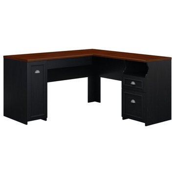 Atlin Designs Farmhouse Wood L Shaped Desk with storage in Antique Black/Cherry
