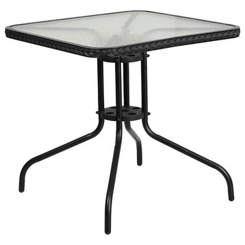 28'' Square Tempered Glass Metal Table With Black Rattan Edging