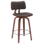 Armen Living - Pico 26" Swivel Walnut Wood Counter Stool, Brown Faux Leather With Chrome, 26 - Update your casual meals and cocktail hours with the modern charm and elegance of our Pico Upholstered Swivel Bar or Counter Stool. With bentwood construction, our bar stool features a beautifully curved seat and back, embracing your body with comfort. It is complemented with sculptural bentwood legs to bring signature modern style to your bar or high dining table. Completed with a footrest and upholstered seat, the counter stool promises a comfortable stay. It is upholstered in your choice of faux leather or high-performance fabric to provide easy care and maintenance, best suited to your home. This modern barstool includes a versatile design to complement a kitchen island, pub table, home bar, or adjustable desk. With durable construction, it can be used anywhere from a kitchen to a home office to serve you for years to come. Our counter stool comes with a wonderful 360-degree swivel function. Its smooth gliding system allows you to turn with ease and enjoy your conversation, meals, and cocktail hours to the fullest. The Pico swivel bar or counter stool easily incorporates into any home and is available in your choice of 26-inch or 30-inch seat height. The Pico bar or counter stool is available in your choice of a walnut wood finish with gray, cream, or brown faux leather upholstery and chrome footrest, or a black wood finish with gray faux leather or light gray fabric upholstery and black footrest.