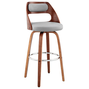 Julius Faux Leather and Wood Bar Stool, Gray and Walnut, 26"