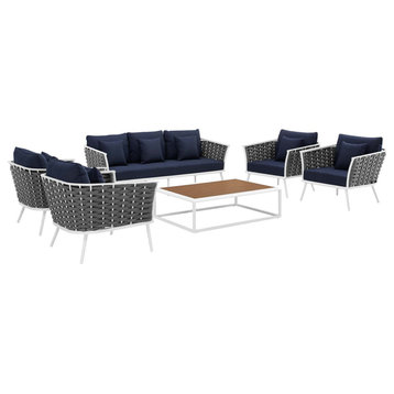 Stance 6 Piece Outdoor Patio Aluminum Sectional Sofa Set White Navy