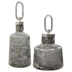 Uttermost - Storm Bottles, Set of 2 - Crafted from art glass, these bottles showcase a unique, heavy texture and are finished in neutral shades of charcoal, taupe and silver. Each is accented by a silver leaf finished iron top. Sizes: S-9x15x9, L-6x18x6