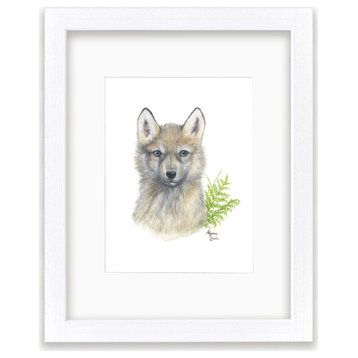 "Woodland Littles 2" Wolf Individual Framed Print, With Mat, White, 16"x20"