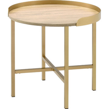 Benzara BM250257 Wood End Table, Round Tray Top, Metal Accent, Brown/Brass