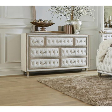 Coaster Antonella 7-Drawer Upholstered Velvet Dresser in Ivory and Camel