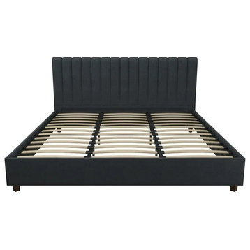 Modern King Size Platform Bed, Linen Upholstery & Ribbed Tufted Headboard, Blue