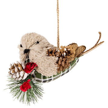 6.75" Left Facing Plaid Bird and Frosted Pine Needle Hanging Christmas Ornament