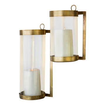Glass And Antique Brass Finished Wall Mounted Hurricane, Small